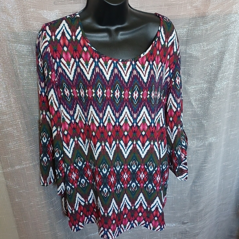 Messini 3/4 Botton Sleeve Tunic Top, Pink, green, sz L